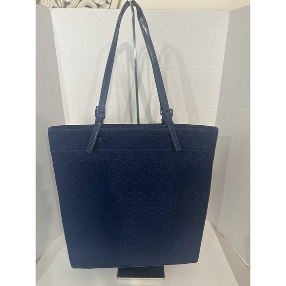 Michael Kors Jet Set Monogram Quilted Large Blue Tote Heritage Logo Plate Accent - Picture 1 of 13
